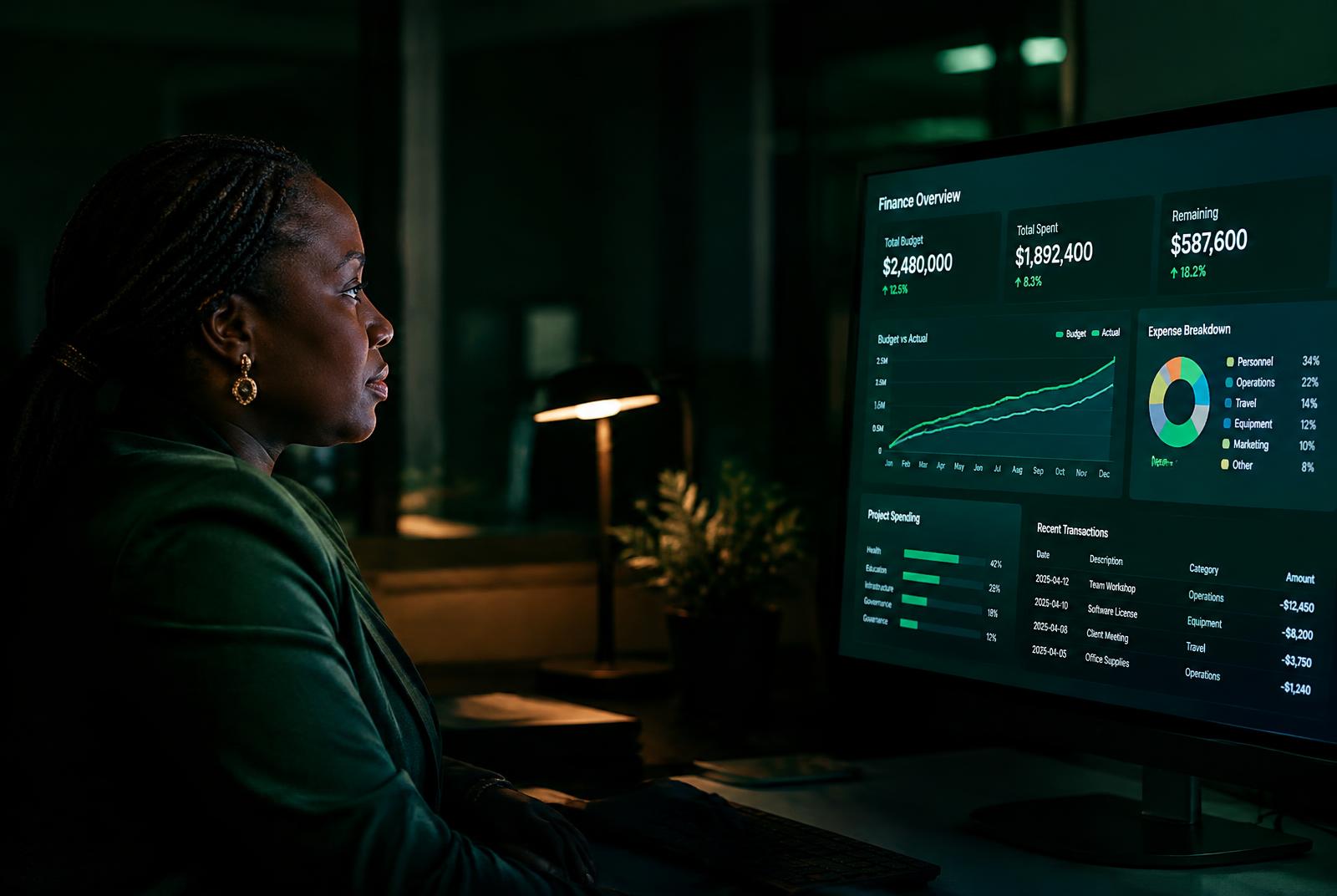 A finance officer working at a desk
